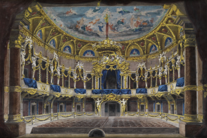 Ein Bild eines Theatersaals mit einer prunkvollen, kunstvoll verzierten Decke, verzierten Wänden mit Säulen und Vorhängen und einem Teppichboden, gekrönt von einem weiteren Bild.