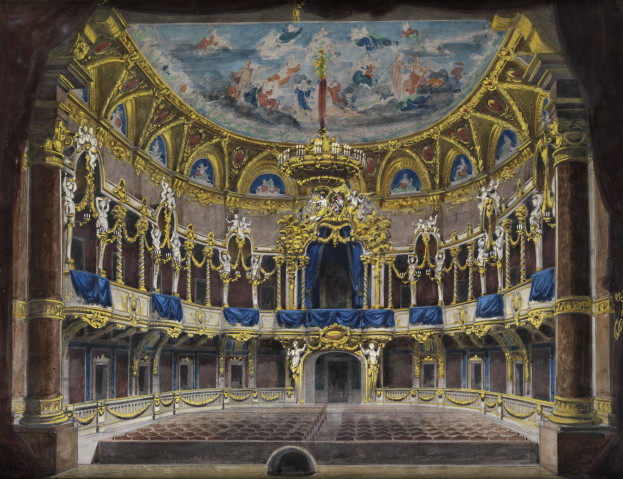 Ein Bild eines Theatersaals mit einer prunkvollen, kunstvoll verzierten Decke, verzierten Wänden mit Säulen und Vorhängen und einem Teppichboden, gekrönt von einem weiteren Bild.