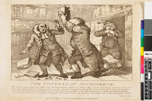 Eine Zeichnung von drei Personen vor einem Bücherregal mit dem Text "Der Wettbewerb in Auckinleck" darauf.