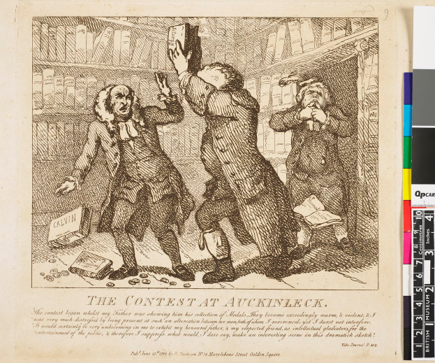 Eine Zeichnung von drei Personen vor einem Bücherregal mit dem Text "Der Wettbewerb in Auckinleck" darauf.