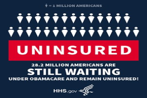 Plakat mit der Aufschrift "28,2 Millionen Amerikaner warten noch auf Obamacare und bleiben unversichert" mit einem Logo unten.