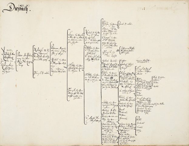 Offenes Buch mit handschriftlicher genealogischer Familienbaum-Darstellung einer deutschen Familie mit detaillierten Abstammungsinformationen.