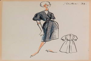 Eine Zeichnung einer Frau in einem Kleid im Stil der 1960er Jahre mit Kragen, langen Ärmeln und einemrock mit Falten, die mit ausgestreckten Armen und leicht geneigtem Kopf steht, mit dem Text «1960er Jahre» auf dem Papier.