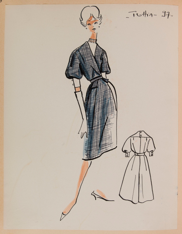 Eine Zeichnung einer Frau in einem Kleid im Stil der 1960er Jahre mit Kragen, langen Ärmeln und einemrock mit Falten, die mit ausgestreckten Armen und leicht geneigtem Kopf steht, mit dem Text «1960er Jahre» auf dem Papier.