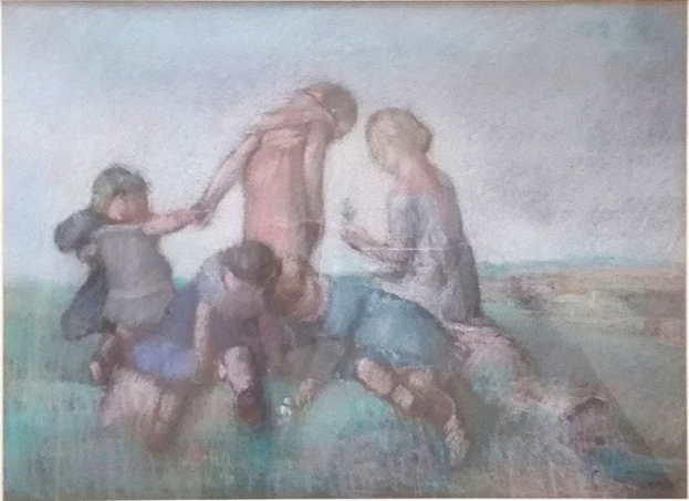 Malerei von Kindern, die in einem hellen, fröhlichen Feld spielen, gerahmt und mit fröhlichen, spielerischen Ausdrücken.