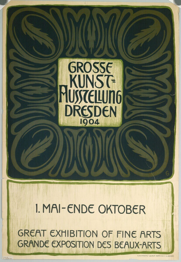 Plakat für die Große Kunstausstellung an der Grand Exposition des Beaux-Arts in Dresden, Deutschland, 1904, mit fettem Text, der das Ereignis ankündigt.