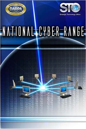 Plakat mit der Aufschrift "National Cyber Range" auf blauem Hintergrund, das eine weiße Weltkugel mit mehreren angeschlossenen Computern zeigt.