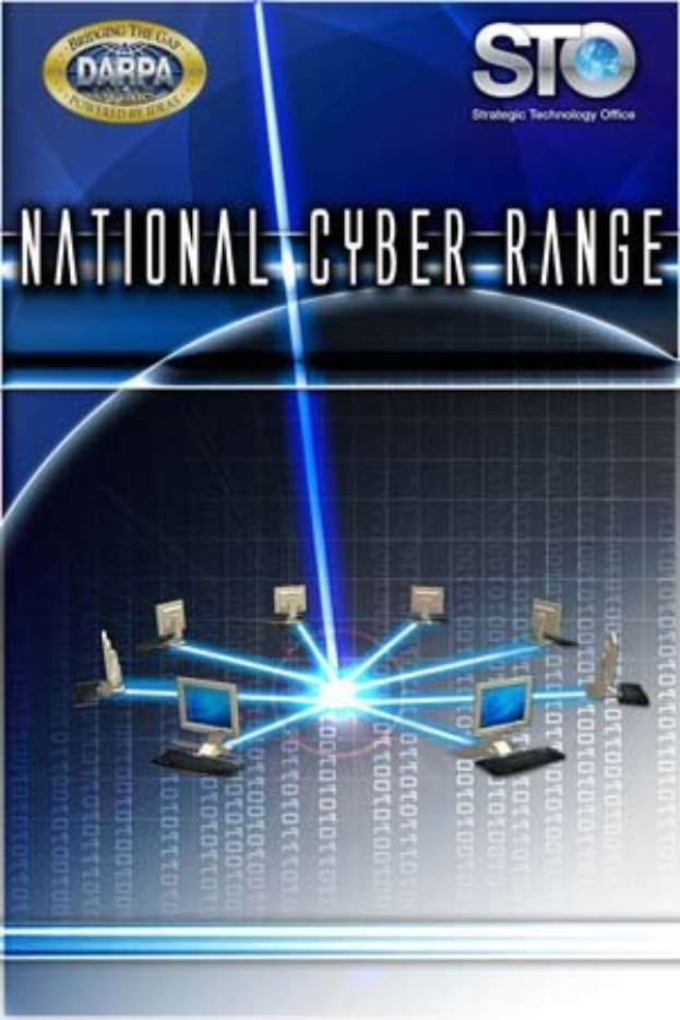 Plakat mit der Aufschrift "National Cyber Range" auf blauem Hintergrund, das eine weiße Weltkugel mit mehreren angeschlossenen Computern zeigt.