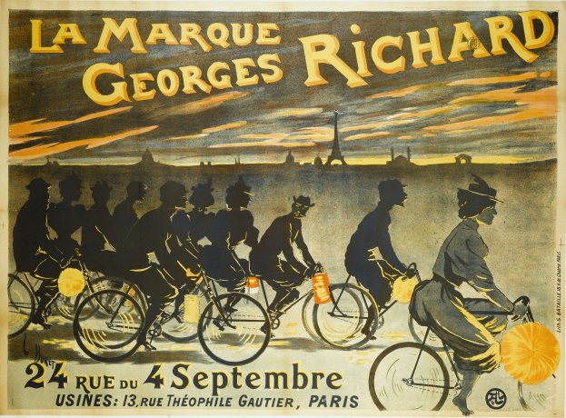 Plakat, das ein Fahrradrennen in Paris, Frankreich, ankündigt, mit einer Gruppe von Radfahrern und dem Eiffel-Turm im Hintergrund, einschließlich Text auf dem Plakat.