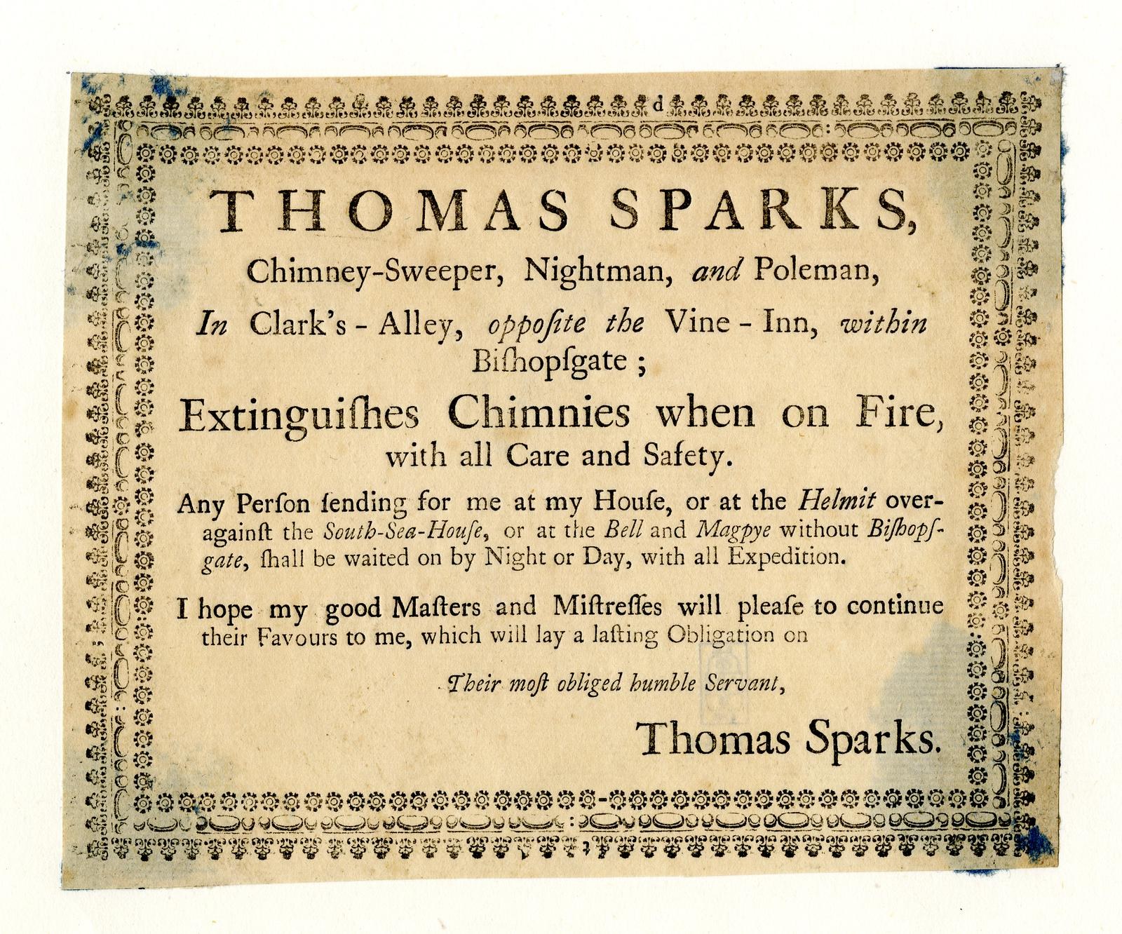 Papier mit gedrucktem Text, der die Dienstleistungen eines Schornsteinfegers namens Thomas Sparks ankündigt, einschließlich seines Titels, seines Standorts und seines Versprechens, Feuer sicher zu löschen.