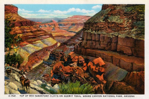 Plakat des Grand Canyon National Park in Arizona, das rote Sandsteinfelsen am Hermit Trail zeigt, mit Bergen, Pflanzen, Tieren, Wolken und Text unten.
