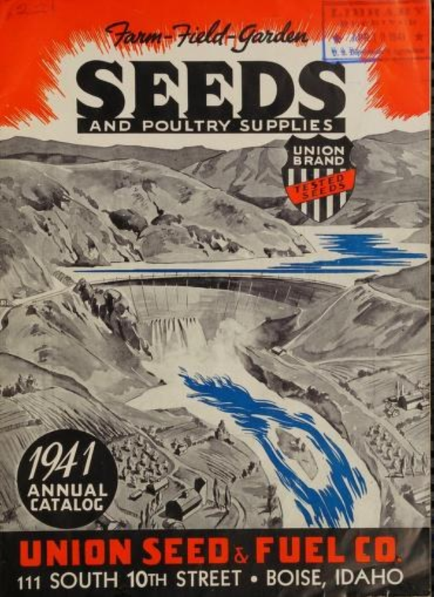 Bunte 1941 Union Seed & Fuel Co. Jahreskatalogabdeckung mit Text "Samen und Geflügelsuppe" und Illustrationen von Samen und Geflügelsuppe.
