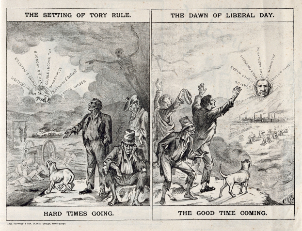 Schwarze und weiße Illustration, die Menschen, Tiere und Gegenstände zeigt, die den Übergang von Tory-Regierung zu liberaler Herrschaft darstellen.