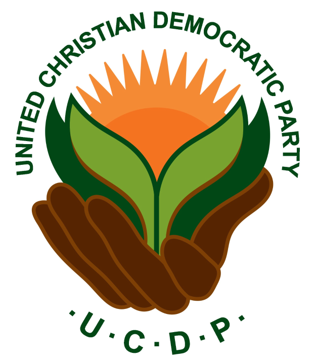 Logo der Vereinigten Christdemokraten (UCDP): eine Hand, die eine leuchtend gelbe Blume mit grünem Stiel und Blättern hält, mittig in einem blauen und gelben Kreis auf einem weißen Hintergrund, mit der Schrift "UCDP" in fetter schwarzer Schrift darunter.