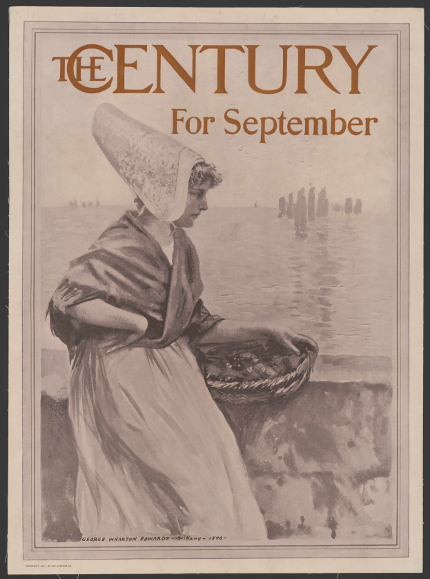 Eine Frau in einem weißen Kleid und einer blauen Stola hält einen Korb, mit der Aufschrift "Das Jahrhundert für September" darüber, vor einem sternenklaren Nachthimmel.