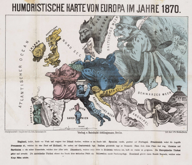 Ein Plakat mit der Aufschrift "Humoristische Karte von Europa im Jahre 1870" zeigt eine Karte von Europa umgeben von Karikaturen.
