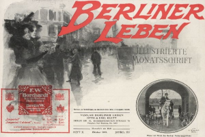 Eine nostalgische deutsche Zeitungsanzeige f├╝r "Berliner Leben" mit einer Gruppe von Menschen, hohen Geb├Ąuden und einer Br├╝cke im Hintergrund.