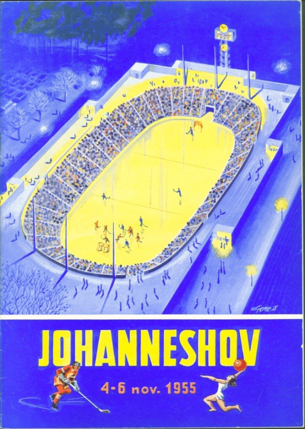 Plakat für ein Hockey-Spiel in Johannesburg 1955 mit einem vollen Stadion mit Bäumen und Lichtern, begleitet von Text und Zahlen.