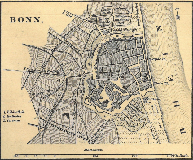Detailierte alte Karte von Bonn, Deutschland, mit Straßen, Gebäuden und Landmarken mit Textbeschriftungen.