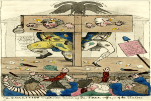 Eine Karikatur eines Mannes in einem gelben Anzug und einer Frau in einem blauen Kleid, die vor einer hölzernen Kiste mit einem Adler darauf stehen, mit mehreren Personen und einer Texttafel im Hintergrund und einem Text am unteren Rand, der "Die Koalitionsbewerber erneuern die freien Muffages der Wähler" lautet.