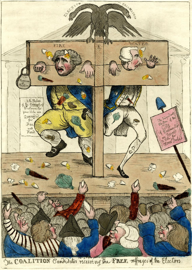 Eine Karikatur eines Mannes in einem gelben Anzug und einer Frau in einem blauen Kleid, die vor einer hölzernen Kiste mit einem Adler darauf stehen, mit mehreren Personen und einer Texttafel im Hintergrund und einem Text am unteren Rand, der "Die Koalitionsbewerber erneuern die freien Muffages der Wähler" lautet.