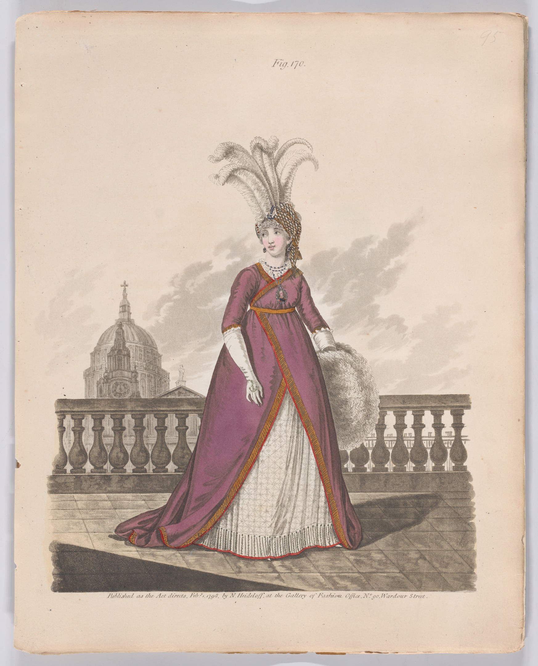 Frau in einem violetten und weißen Federkleid, die an einem Geländer steht, mit einem Gebäude und Wolken im Hintergrund, beschriftet mit "Fashion of New York, New York Street, 1790."