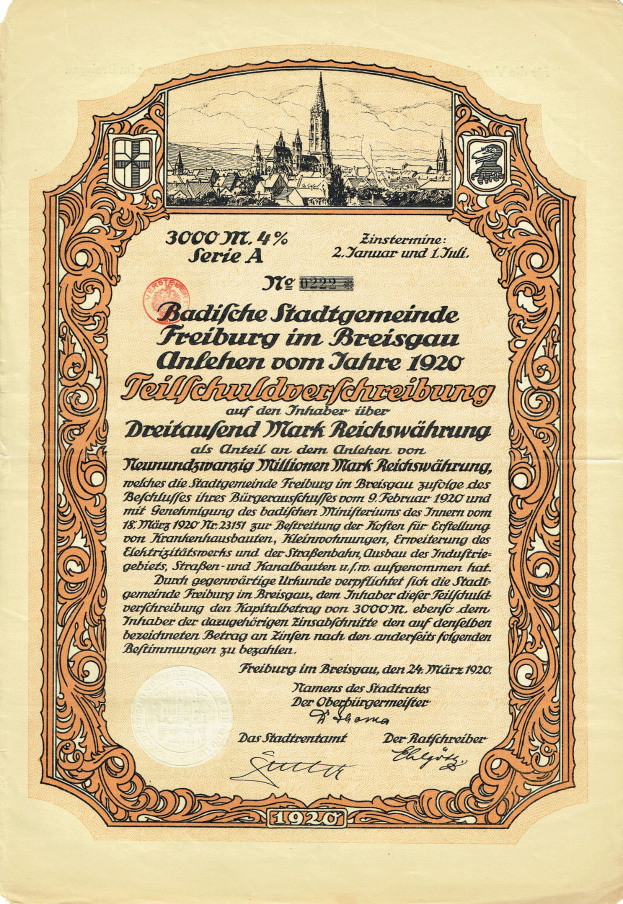 Alter deutscher Aktienchein mit einer Stadtillustration und gedrucktem Text, der die Aktien Details angibt.