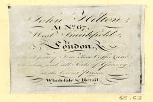Ein Blatt Papier mit der Aufschrift "John Hilton, No. 67, West Smithfield, London"