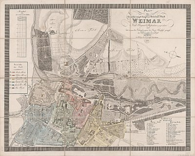 Ein detaillierter alter Stadtplan von Weimar, Deutschland, der Straßen, Gebäude und Landmarken zeigt, mit begleitendem Text über die Bevölkerung und bemerkenswerte Merkmale der Stadt.