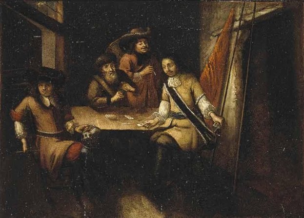 Gemälde mit dem Titel "Das Kartenspiel" von Rembrandt van Rijn, das eine Gruppe von Menschen beim Kartenspielen an einem Tisch in einer Schenke zeigt, mit einem Vorhang und einem Fenster rechts.