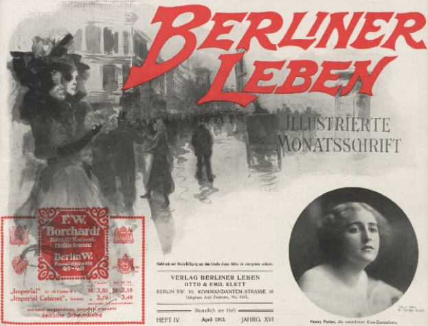 Eine Frau in einem Kleid und ein Mann in einem Anzug sind auf einer Werbung für den Berliner Leben-Film zu sehen, mit Text, einem Stempel und ein paar Menschen und Gebäuden im Hintergrund.