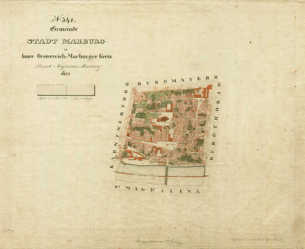 Detailierte alte Karte von Stadt Marburg mit Straßen, Gebäuden, Sehenswürdigkeiten und Text mit zusätzlicher Stadtinformation.