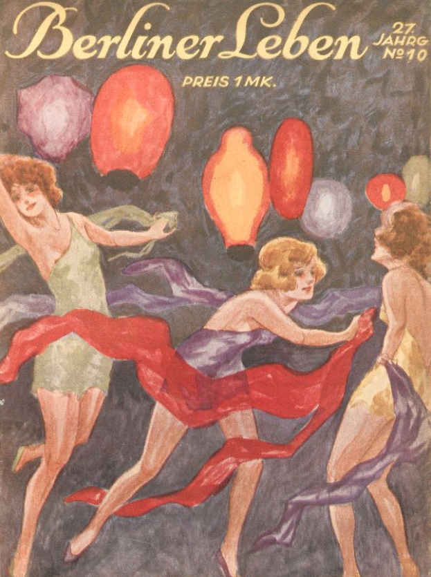 Ein Magazin-Cover mit einem Bild von drei Frauen in bunten Kleidern, die mit ausgestreckten Armen tanzen und von farbigen Ballons umgeben sind, mit dem Text 'Berliner Leben' auf dem Cover.