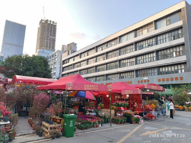 Ein blühender Blumenmarkt mit bunten Blumen, Pflanzen und Bäumen, die entlang einer Stadtstraße zwischen hohen Gebäuden aufgestellt sind, mit Menschen, die durch die Straßen schlendern und weißen Wolken am Himmel.