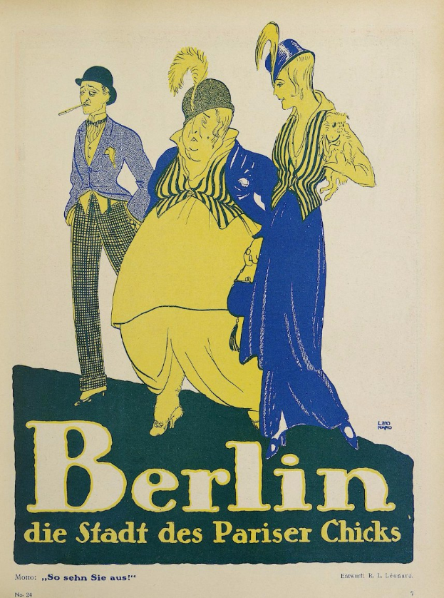 Plakat für ein Konzert in Berlin, Deutschland, das eine Gruppe farbenfroher Menschen vor einem Gebäude zeigt, mit der Aufschrift "Berlin - Die Stadt des Pariser Chicks" darüber.
