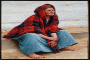 Eine alte Frau sitzt am Strand bei Sonnenuntergang, trägt ein helles Kleid mit einem Dutt, hat die Augen geschlossen und die Hände im Schoß, eingerahmt in einem Foto.