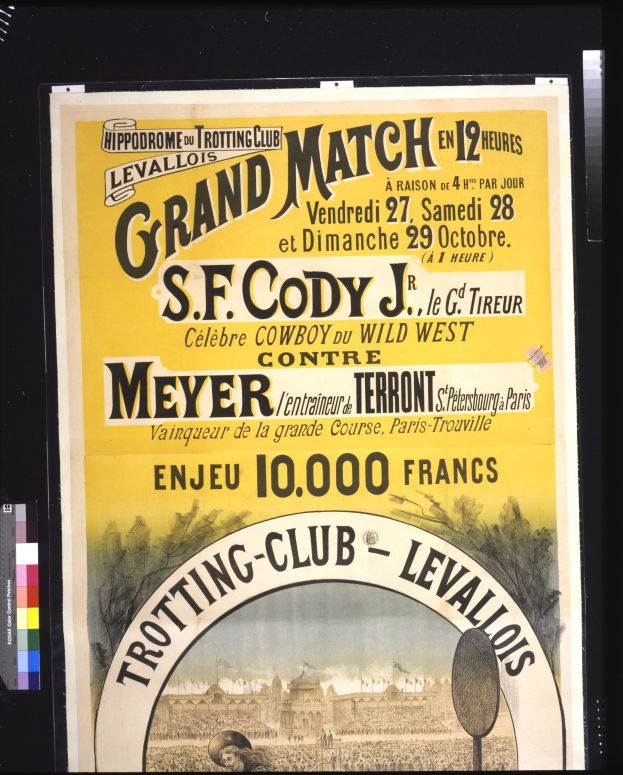 Alter Plakataufdruck für ein großes Match zwischen S.F. Cody und Meyer mit Textbeschreibung des Ereignisses