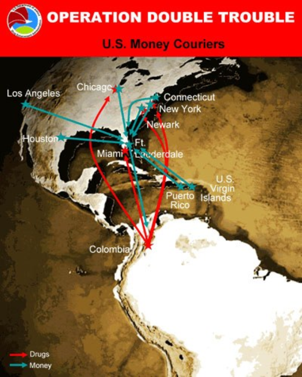 Plakat mit der Aufschrift "Operation Double Trouble: US-Geldkurier" mit einer Karte der USA, die in zwei Abschnitte unterteilt ist: einer zeigt die Routen der US-Geldkurier und der andere zeigt die Standorte der Geldkurier, mit fetter schwarzer Schrift auf einem weißen Rand.