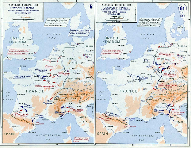Ein historisches Poster mit einer Karte von Europa während der Schlacht von Leipzig, unterteilt in Abschnitte für Europa und Frankreich, mit nummerierten Regionen und textlichen Beschriftungen von Städten, Dörfern und geografischen Merkmalen.