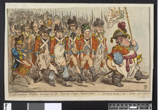 Gruppe von Männern in Militäruniformen marschiert die Straße entlang, einer hält einen Stock in der Hand, mit dem Text 'Ergänzender Landsturm, zum 20-tägigen Vergnügen' unten.