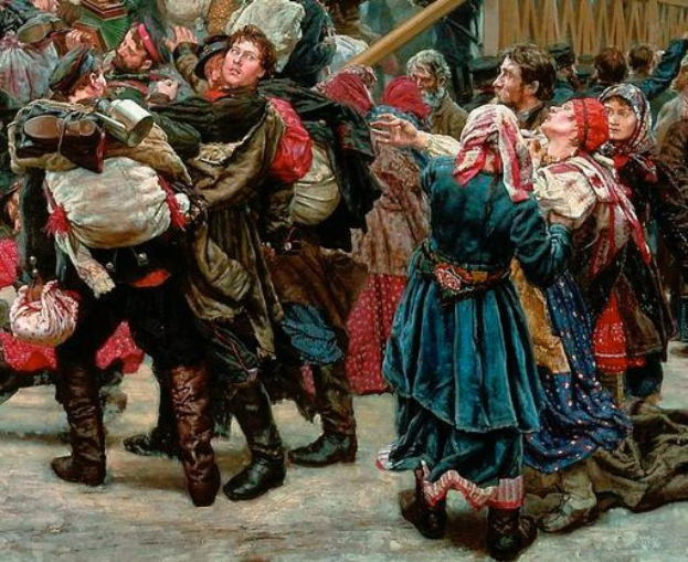 Gemälde von Menschen in traditioneller russischer Kleidung, die fröhlich vor einer Menge tanzen, einige halten Gegenstände, mit einem hölzernen Haus im Hintergrund, das an die Russische Revolution erinnert.