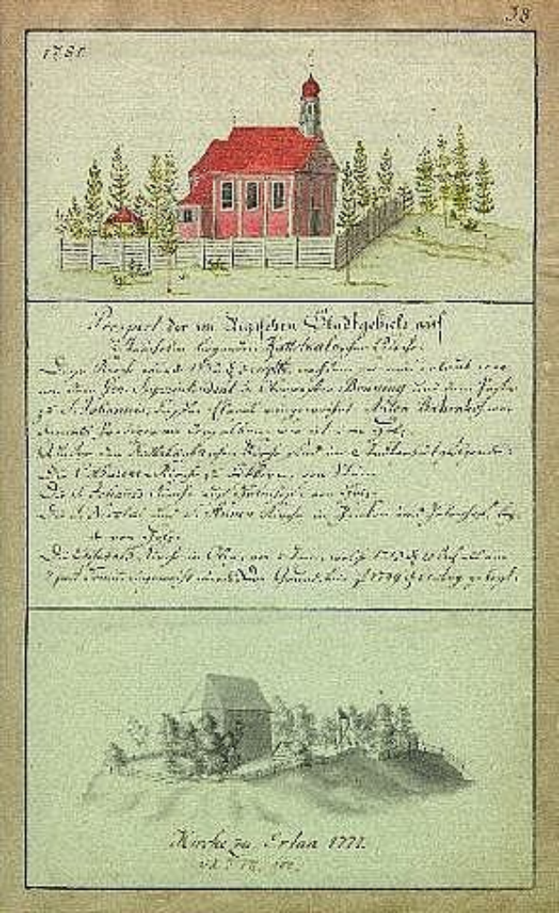 Ein altes Buch mit einer Zeichnung eines roten Hauses in der Mitte, umgeben von Bäumen und einem Zaun, betitelt mit 'Deutsche Schule in den Niederlanden, 1777'.