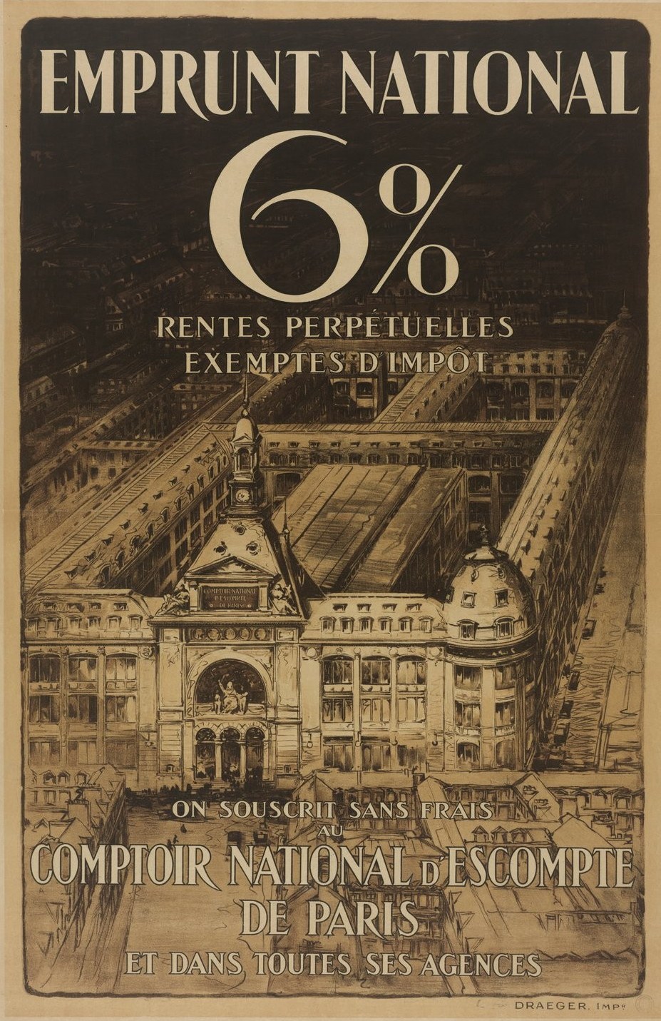 Plakat mit einem zweistöckigen Gebäude mit rotem Dach und weißen Wänden, Text "emprunt national 6% - rentes perpetuelles exemptes impot" in fetter schwarzer Schrift auf einem hellblauen Hintergrund.