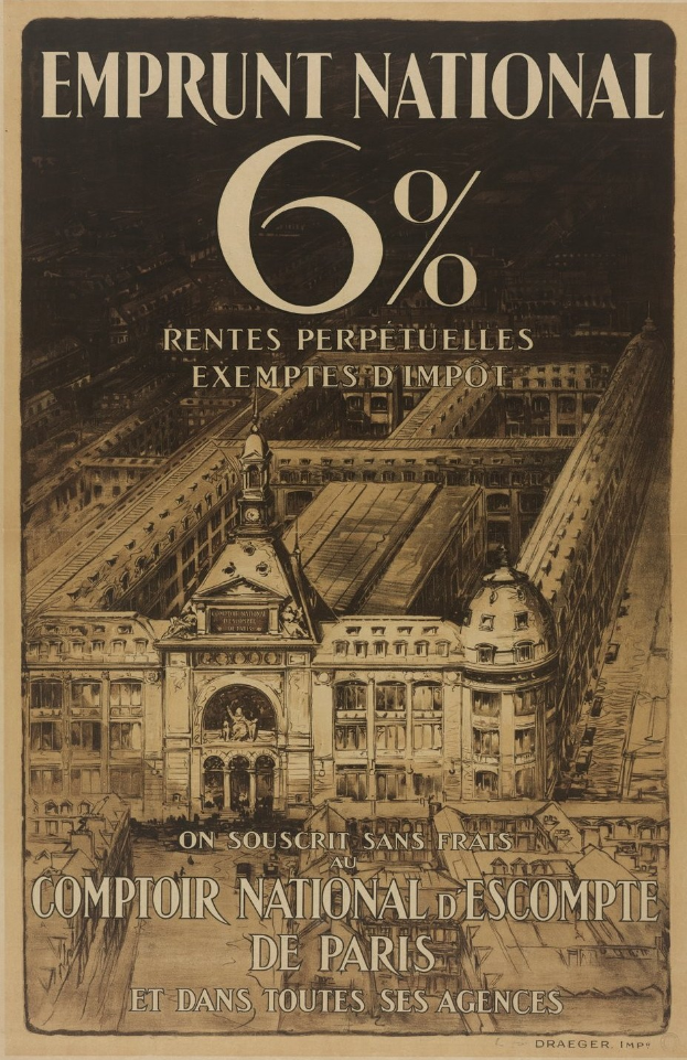 Plakat mit einem zweistöckigen Gebäude mit rotem Dach und weißen Wänden, Text "emprunt national 6% - rentes perpetuelles exemptes impot" in fetter schwarzer Schrift auf einem hellblauen Hintergrund.