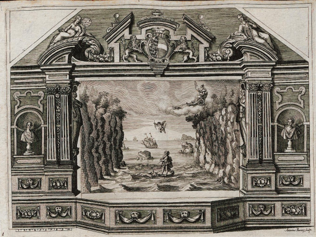 Schwarze und weiße Radierung eines Raums mit einem 16. Jahrhundert-Szenenbild an der Wand, das Statuen, Figuren, Bäume und andere Gegenstände zeigt, mit dekorativem Text unten.