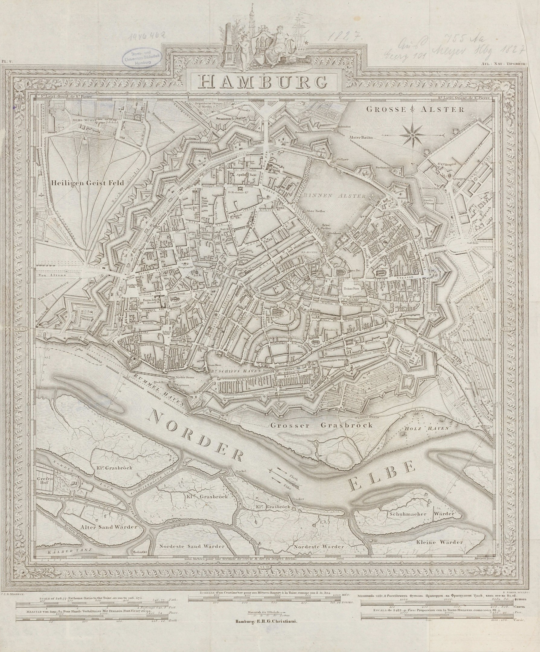 Alte Karte von Hamburg, Deutschland, auf Papier gedruckt, zeigt Straßen und Sehenswürdigkeiten mit klassischem Aussehen.