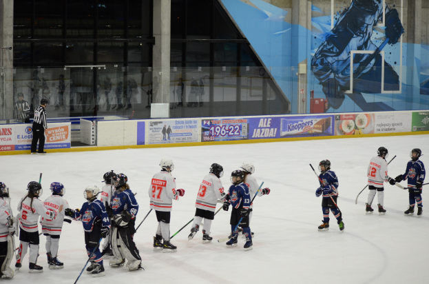 Gruppe junger Menschen, die Eis hockey auf einer Indoor-Eisbahn spielen, mit Helmen und Hockey-Schlägern, einer Person links daneben und Bannern, Säulen und Glaswänden im Hintergrund.