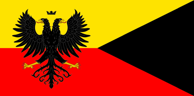 Deutsche Flagge mit drei horizontalen Streifen in Schwarz, Rot und Gold, die ein schwarzes Doppeladler-Wappen in der Mitte zeigt.