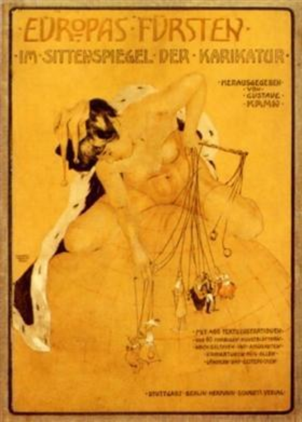 Plakat, das eine Zirkusvorstellung mit dem Titel "Europas Fürsten - Im Sittenspiegel der Karikatur" ankündigt, das eine Frau in einem Bikini und einen Mann in einem Badeanzug in gedämpften Blautönen und Grautönen zeigt.