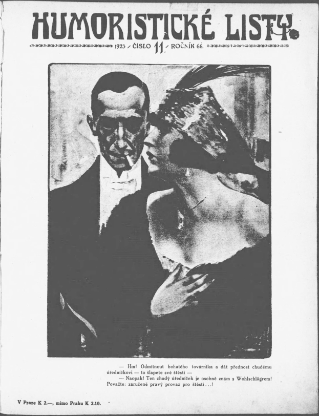 Schwarze und weiße Magazinumschlag mit der Aufschrift 'Humoristische Liste', der einen Mann in einem Anzug mit ernster Miene und eine Frau zeigt, die wegsieht und schmunzelt.